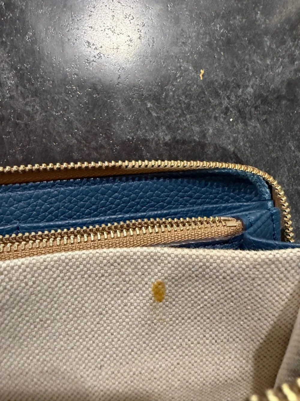 Dooney & Bourke Navy Pebbled Leather Zip Wallet with Brown Patch - Picture 11 of 11